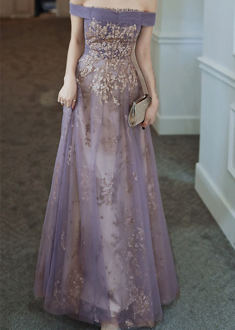 Vestido de fiesta morado de ensueño, vestido de noche con hombros descubiertos, elegante vestido largo de banquete, vestido de fiesta sin mangas, vestido de graduación para niña Y4286