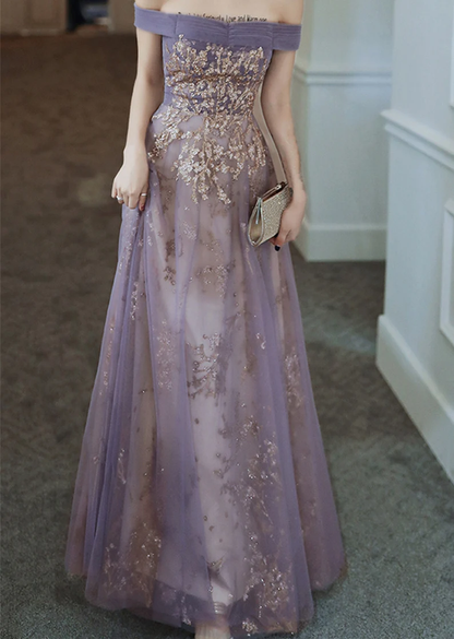 Verträumtes lila Ballkleid schulterfrei Abendkleid Elegantes langes Bankettkleid ärmelloses Partykleid Mädchen Abschlusskleid Y4286