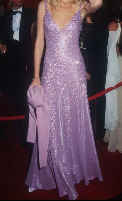 Wunderschönes Abendkleid aus Satin mit tiefem V-Ausschnitt und Perlen in Lila, für formelle Anlässe, Party, Abschlussball, Y8168