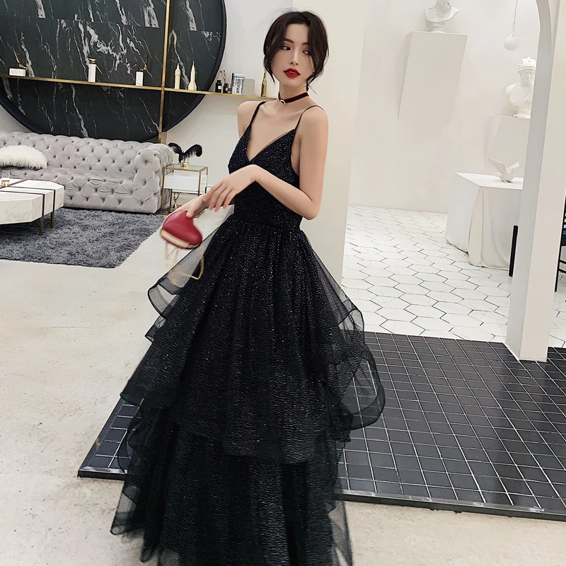 Schwarzes Tüll Pailletten Ballkleid Abendkleid Y1021