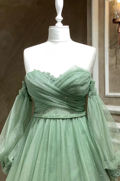 Vestido de noche largo verde esmeralda con mangas abullonadas y tul verde brillante Y7981