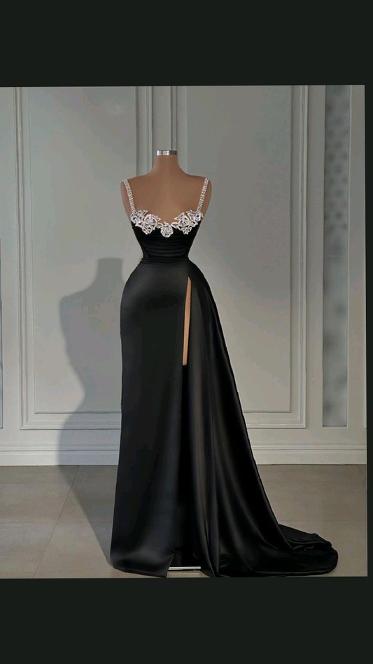 Atractivo vestido de noche largo negro con abertura alta Y4356