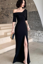 Schwarzes langes Abendkleid mit einer Schulter und Schlitz, schwarzes Abendkleid, Ballkleid Y946