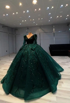 Lujoso vestido de fiesta verde de manga larga, vestido verde de quinceañera Y6558