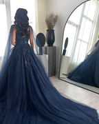 Marineblaues Glitzer-Tüllkleid mit quadratischem Ausschnitt und langen Ärmeln, Luxus-Ballkleid Y4883