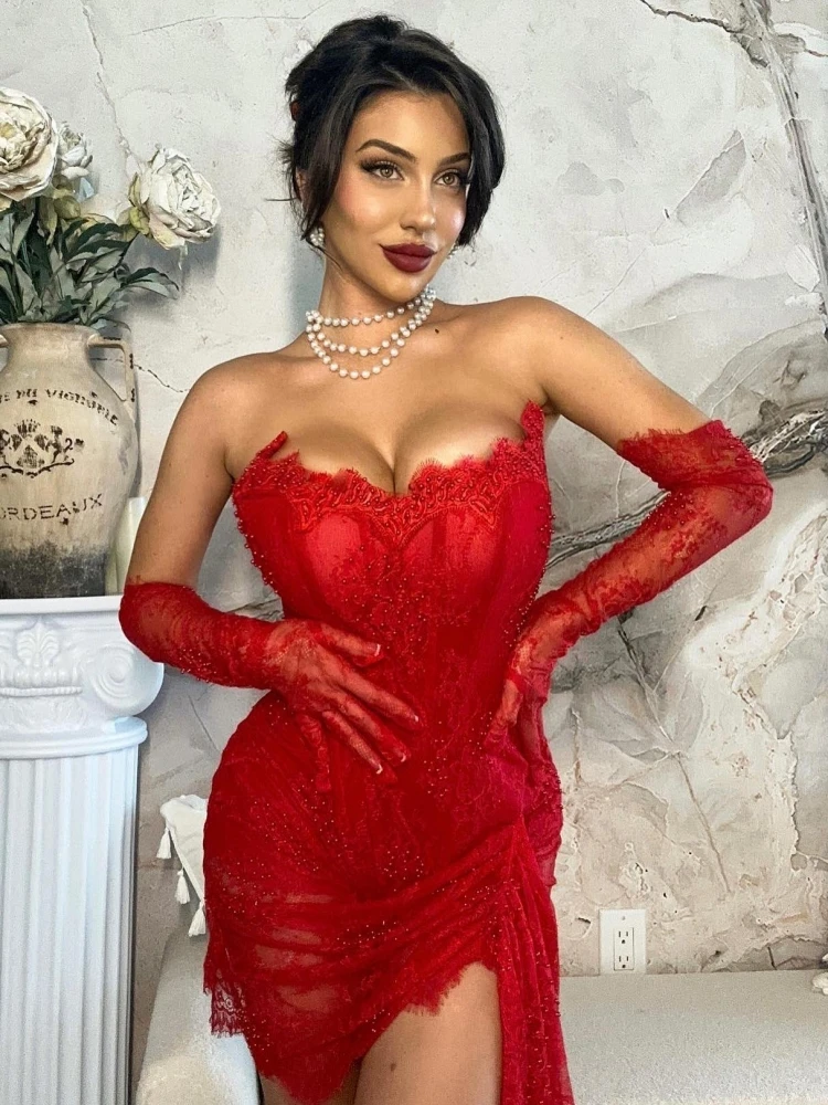 Vestido mini de encaje rojo para fiesta de bienvenida, vestido rojo de fiesta Y7387
