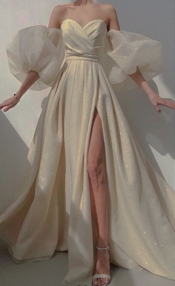 Damen Ballkleid mit Puffärmeln und Schlitz, Glitzer, romantisches langes Abendkleid im Feenstil, Y2420