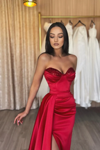 Vestido de fiesta largo con lentejuelas de satén rojo, vestido de noche rojo Y82