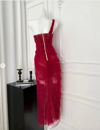 Hermoso vestido de fiesta de tul burdeos con encaje, vestido de noche Y8506