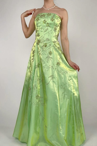 Trägerloses grünes Satin-A-Linien-Ballkleid mit Perlenbesatz Y8412