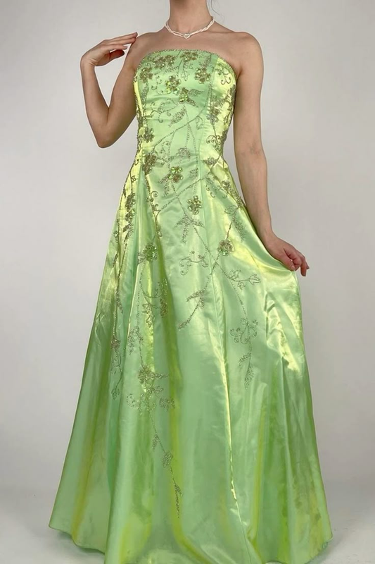 Trägerloses grünes Satin-A-Linien-Ballkleid mit Perlenbesatz Y8412