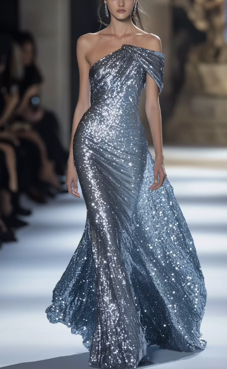Vestido de fiesta largo de sirena con lentejuelas y un hombro brillante Y8349