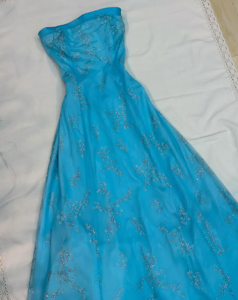 Vestido de noche azul brillante sin tirantes con lentejuelas y corte en A, vestido de fiesta Y8140