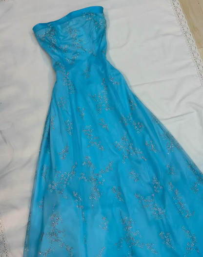 Glänzendes trägerloses Pailletten-Abendkleid in Blau mit A-Linie Y8140