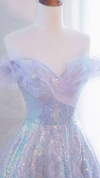 Purple Off Shoulder Sequin Tulle Long Prom Dress Purple Formal Evening Dresses Y4451