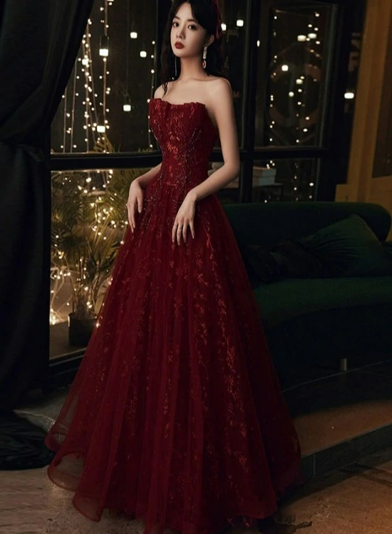 Weinrote Blumenspitze und Tüll Langes Abendkleid Partykleid Burgunderrot Abendkleider Y1661