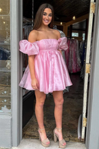 Rosa A-Linie Homecoming-Kleid mit eckigem Ausschnitt und Ballonärmeln, Y2434
