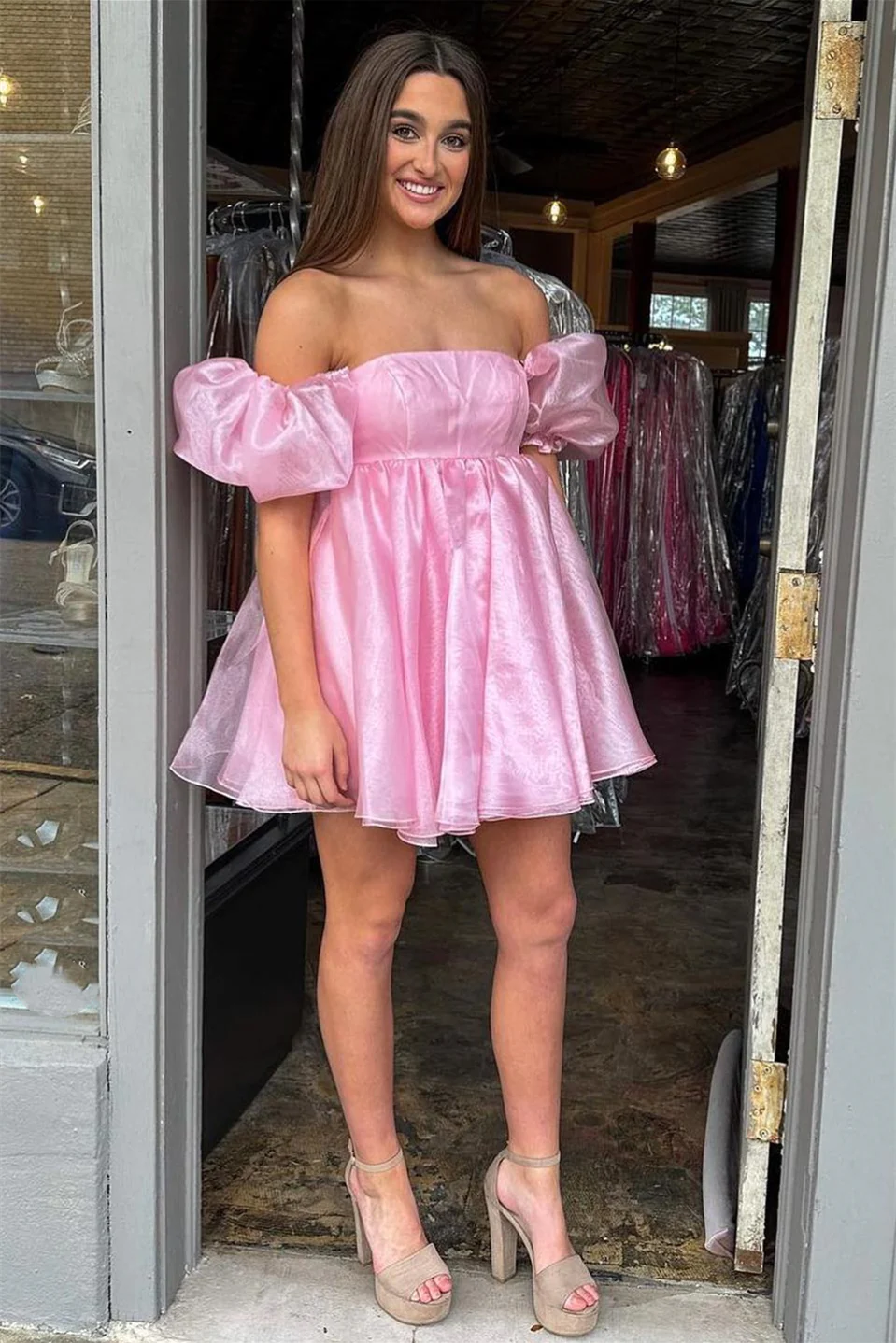 Rosa A-Linie Homecoming-Kleid mit eckigem Ausschnitt und Ballonärmeln, Y2434