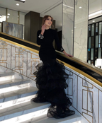 Vestido de noche negro con falda abullonada, manga larga, satén, corte sirena, estilo Dubái, para fiesta formal de noche, Y4908