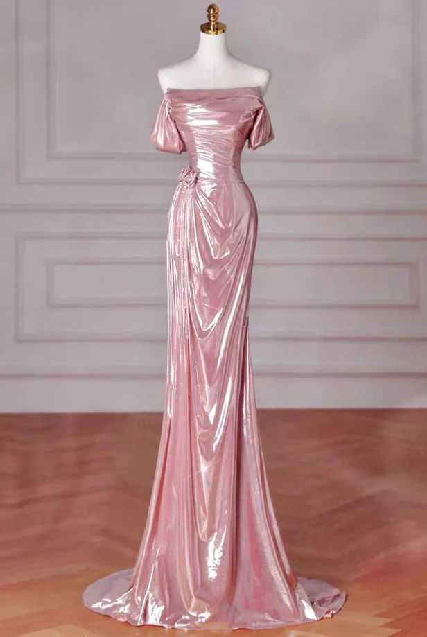 Elegantes Meerjungfrau-Abendkleid mit schulterfreiem, langem Ärmel, Rosa, Geburtstags-/Abendkleid Y8068