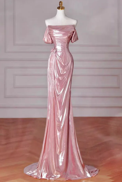 Elegantes Meerjungfrau-Abendkleid mit schulterfreiem, langem Ärmel, Rosa, Geburtstags-/Abendkleid Y8068