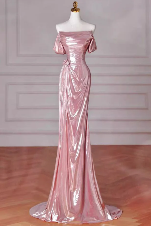 Elegantes Meerjungfrau-Abendkleid mit schulterfreiem, langem Ärmel, Rosa, Geburtstags-/Abendkleid Y8068
