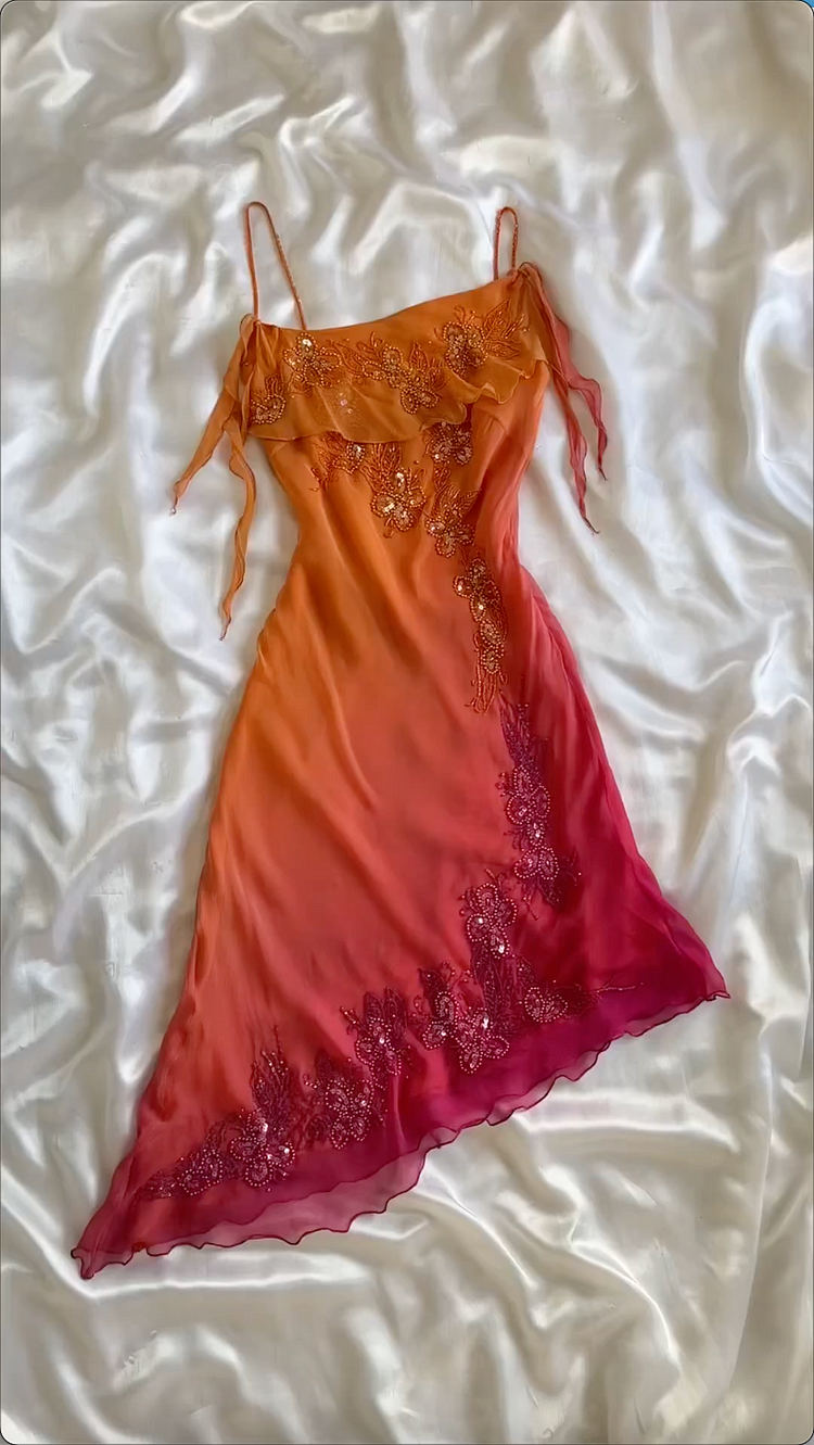 Vestido de fiesta elegante de gasa naranja con tirantes finos y cuentas, estilo ombré, Y8304