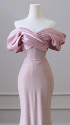 Flesh Pink Sequin Evening Gown Elegant Women's Off Shoulder Party Prom Evening Dress Y6963