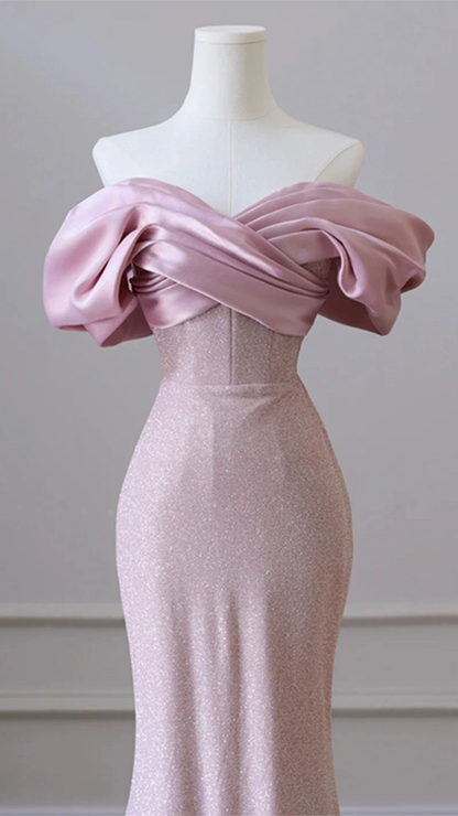 Fleischrosa Pailletten Abendkleid Elegantes Damen Schulterfrei Party Prom Abendkleid Y6963