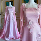 Luxuriöses langes Abendkleid aus rosa Satin in A-Linie mit hübschen Applikationen, Ballkleid Y7591