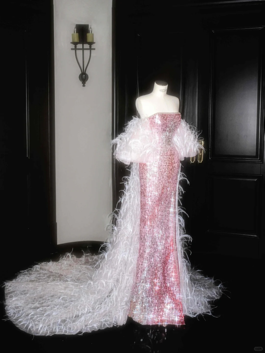 Vestido de noche de sirena con plumas y lentejuelas, sin tirantes, color rosa hada, con abertura, para fiesta, Y8660