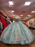 Glitzerndes Herzausschnitt-Spaghettiträger-Quinceanera-Kleid, wunderschöne 3D-Blumenapplikation mit Perlen, Ballkleid Y4711