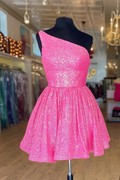Hot Pink One Shoulder A Line Short Homecoming Dress Sequins Y1487