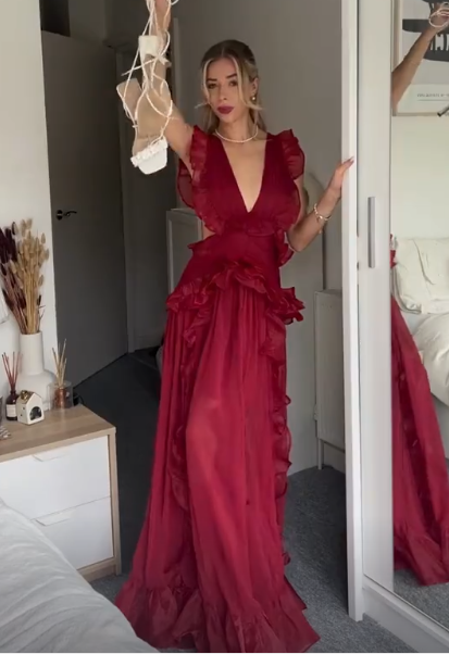Wunderschönes Burgunder Chiffon Rüschen Abendkleid Schlitz Ballkleid Y7715