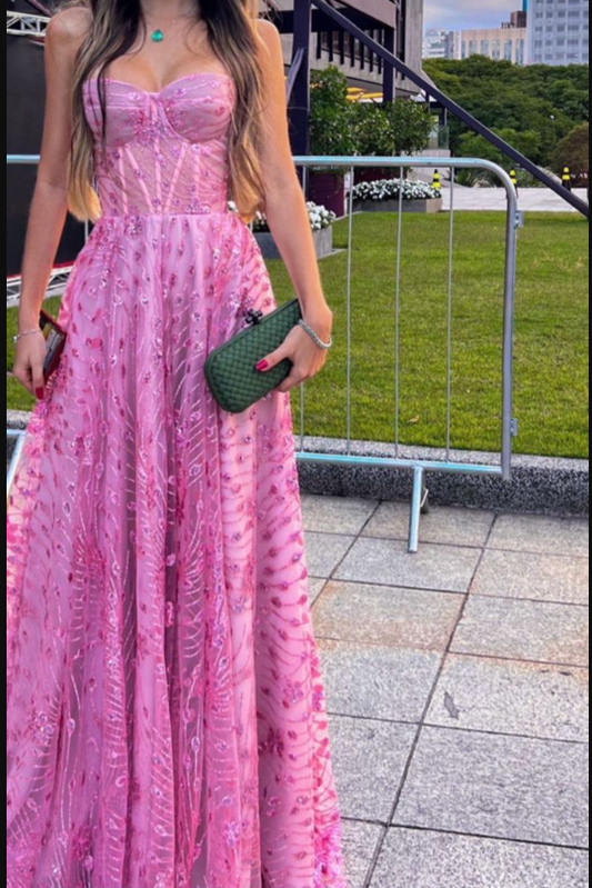 Rosa trägerloses Tüll-Pailletten-Ballkleid, luxuriöses trägerloses Party-Abendkleid Y8037