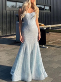 Wunderschöne Pailletten Perlen Meerjungfrau Abendkleid Blaue Träger Ballkleid Y8444