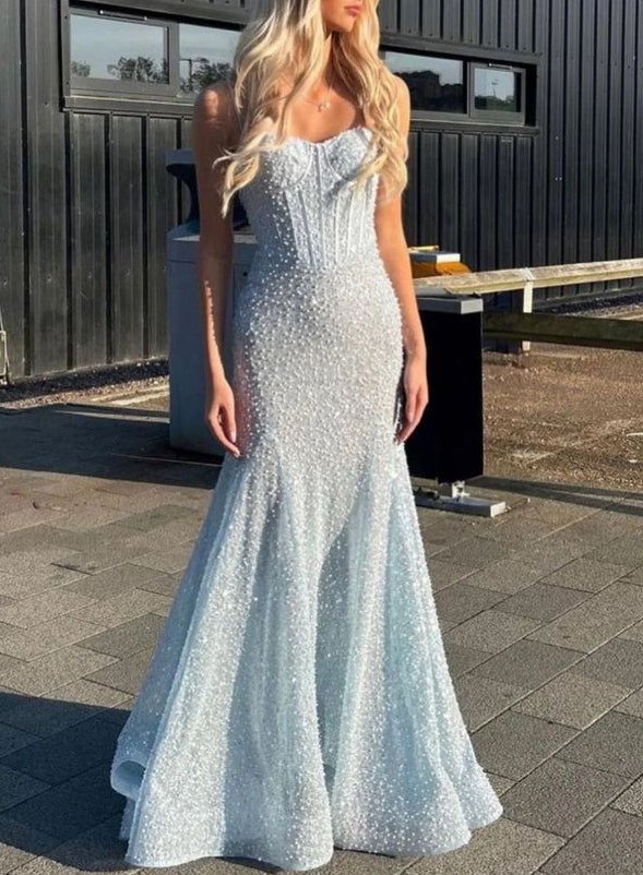 Wunderschöne Pailletten Perlen Meerjungfrau Abendkleid Blaue Träger Ballkleid Y8444