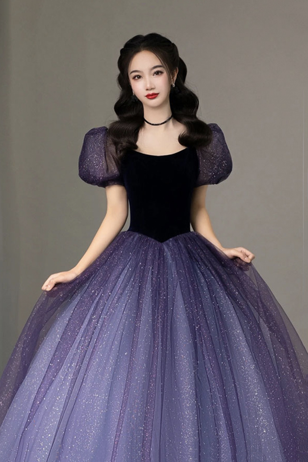 Lila Tüll Kurzarm Abendkleid Süßes A-Linie Abendkleid Y4291