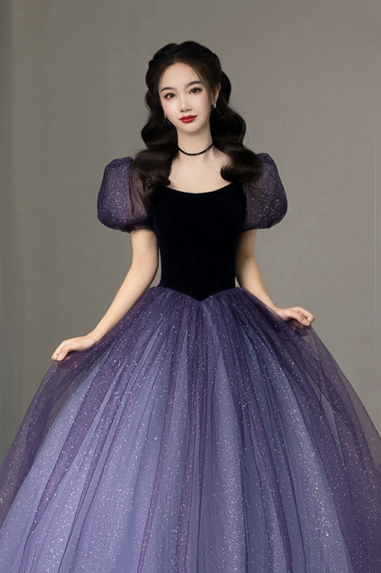 Lila Tüll Kurzarm Abendkleid Süßes A-Linie Abendkleid Y4291