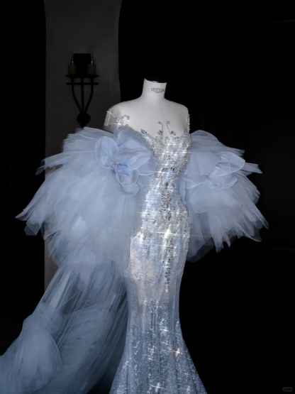Hermoso vestido de noche de sirena con lentejuelas y cuentas de tul azul Y8690