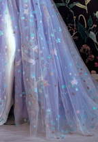 Schönes hellviolettes Tüllkleid mit Blumenmuster, schulterfrei, herzförmiger Ausschnitt, A-Linie, Abendkleider mit Schlitz, Startapplikation, langes Kleid Y932