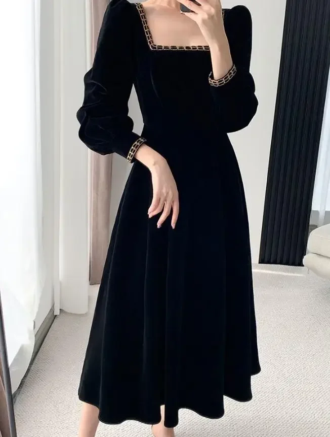 Samtkleid Damen Langarm Square Neck Elegant Bodycon Patchwork Mode Abendkleid Y6744
