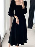 Samtkleid Damen Langarm Square Neck Elegant Bodycon Patchwork Mode Abendkleid Y6744