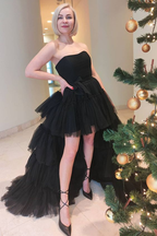 Vestido de fiesta de tul negro de corte alto y bajo, vestido de noche formal de tul negro de corte alto y bajo Y4893