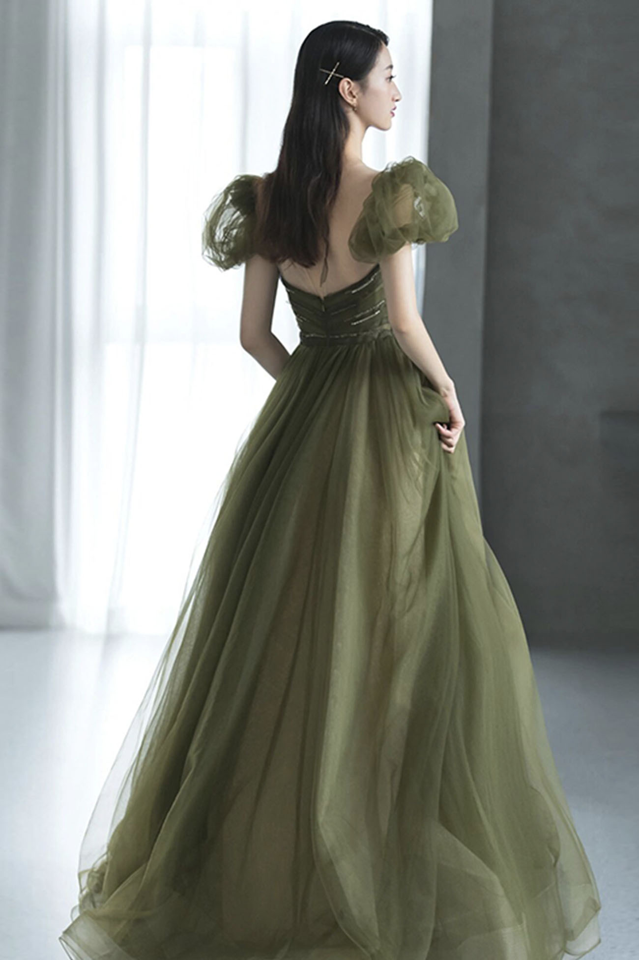 Vestido largo de fiesta de tul verde, vestido de noche verde Y623