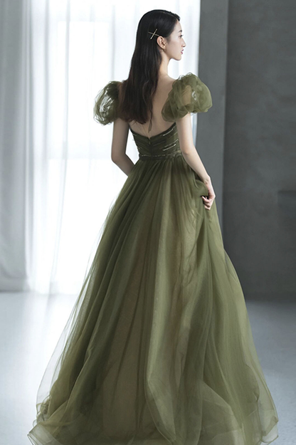 Vestido largo de fiesta de tul verde, vestido de noche verde Y623