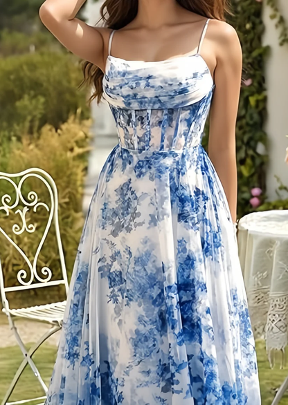 Glamouröses blaues Chiffon-Print-Ballkleid mit Blumenschlitz und Spaghettiträgern, Abendkleid Y8277
