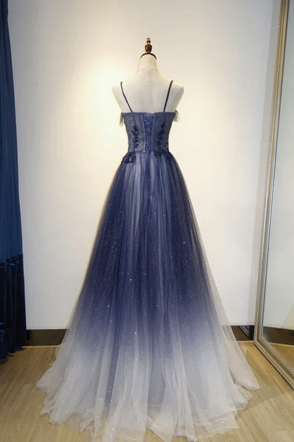 Elegantes langes Abendkleid mit Farbverlauf und Tüllträgern, A-Linie Tüll Ballkleid Y1807