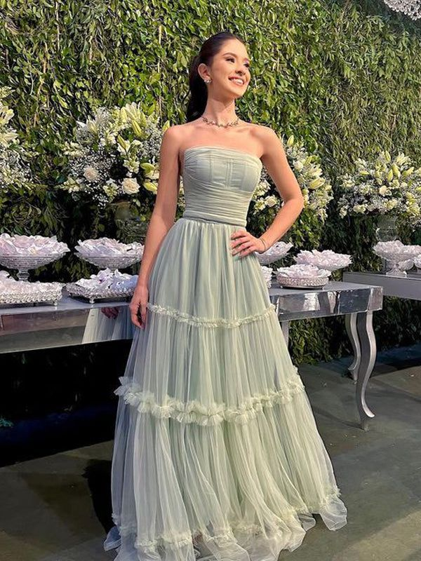 Elegante vestido verde de fiesta largo sin tirantes, corte A, vestido de noche Y4823