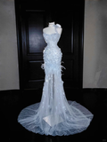 Vestido largo de fiesta de tul azul sueño con apliques de cuentas, vestido de noche de corte sirena con abertura, vestido de novia Y8668